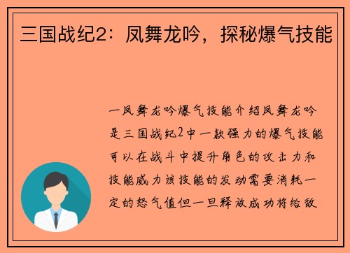 三国战纪2:凤舞龙吟,探秘爆气技能